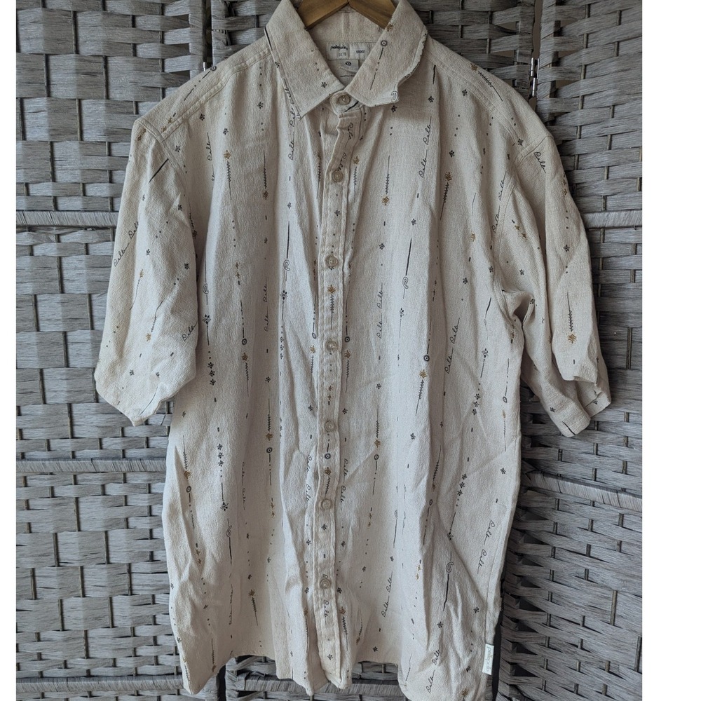 Vtg Pelle Pelle Short Sleeve Button Up Shirt Cream Beige Textured‎ Print Mens XL